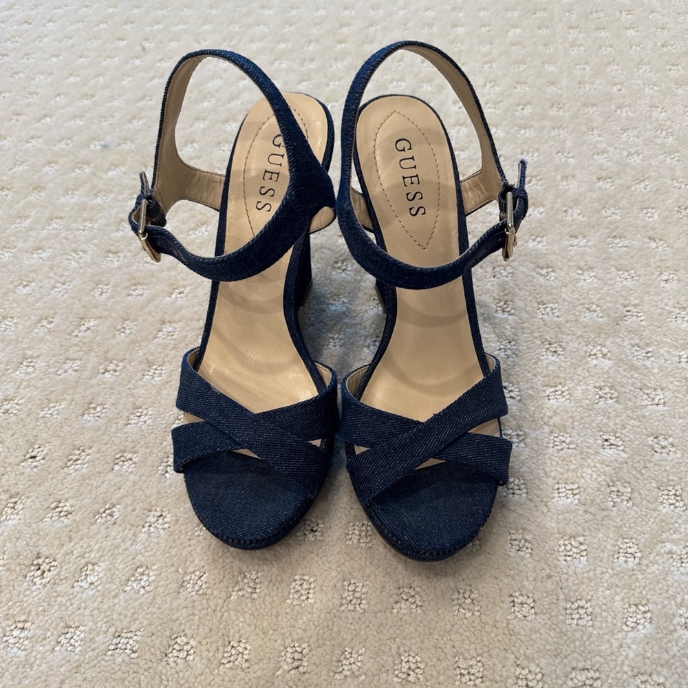Guess Denim Wedge Sandals Ankle Strap Heels Size 7M - Picture 2 of 7